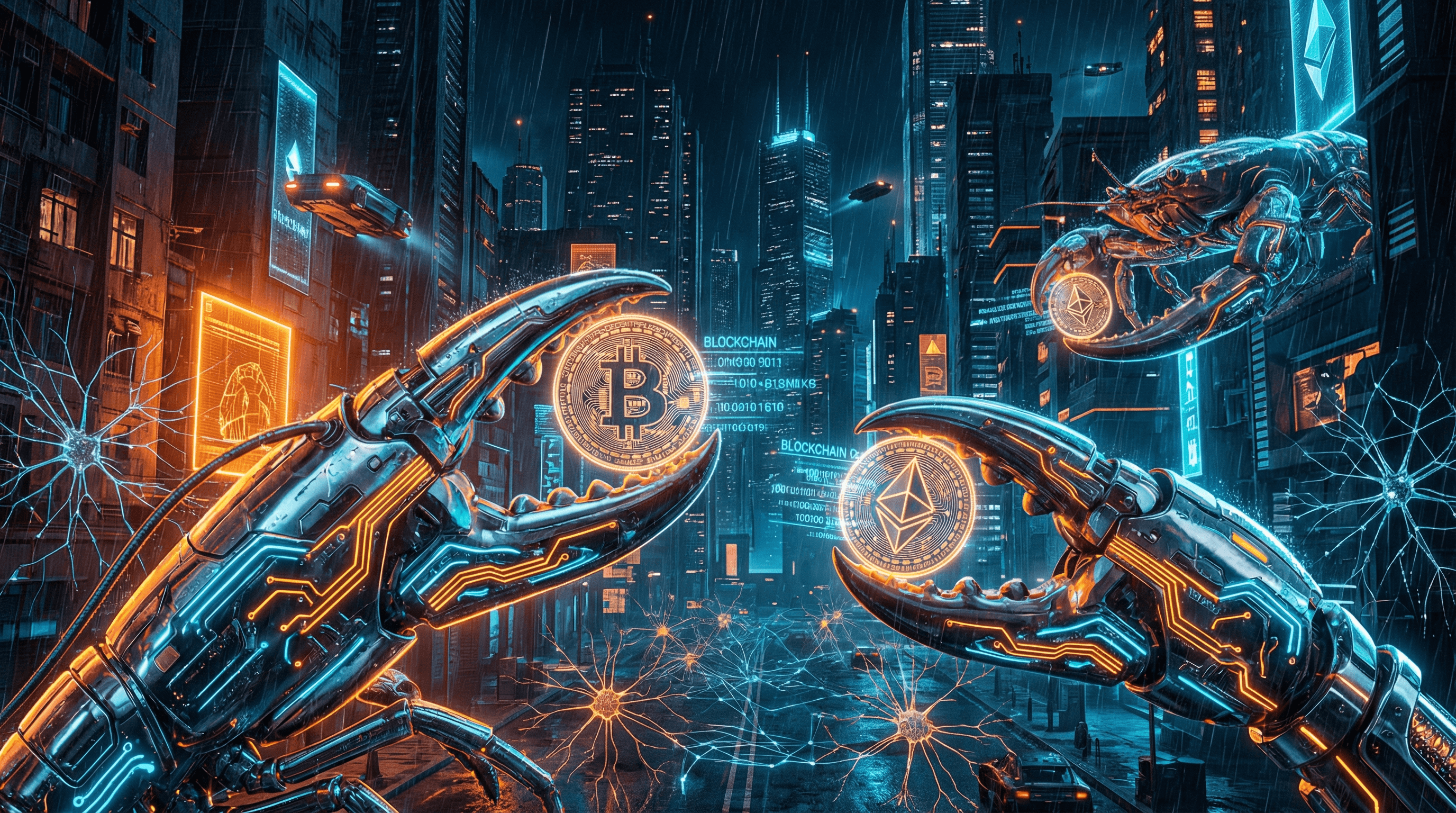 The Claw Thesis — cyberpunk lobster claws gripping digital currency